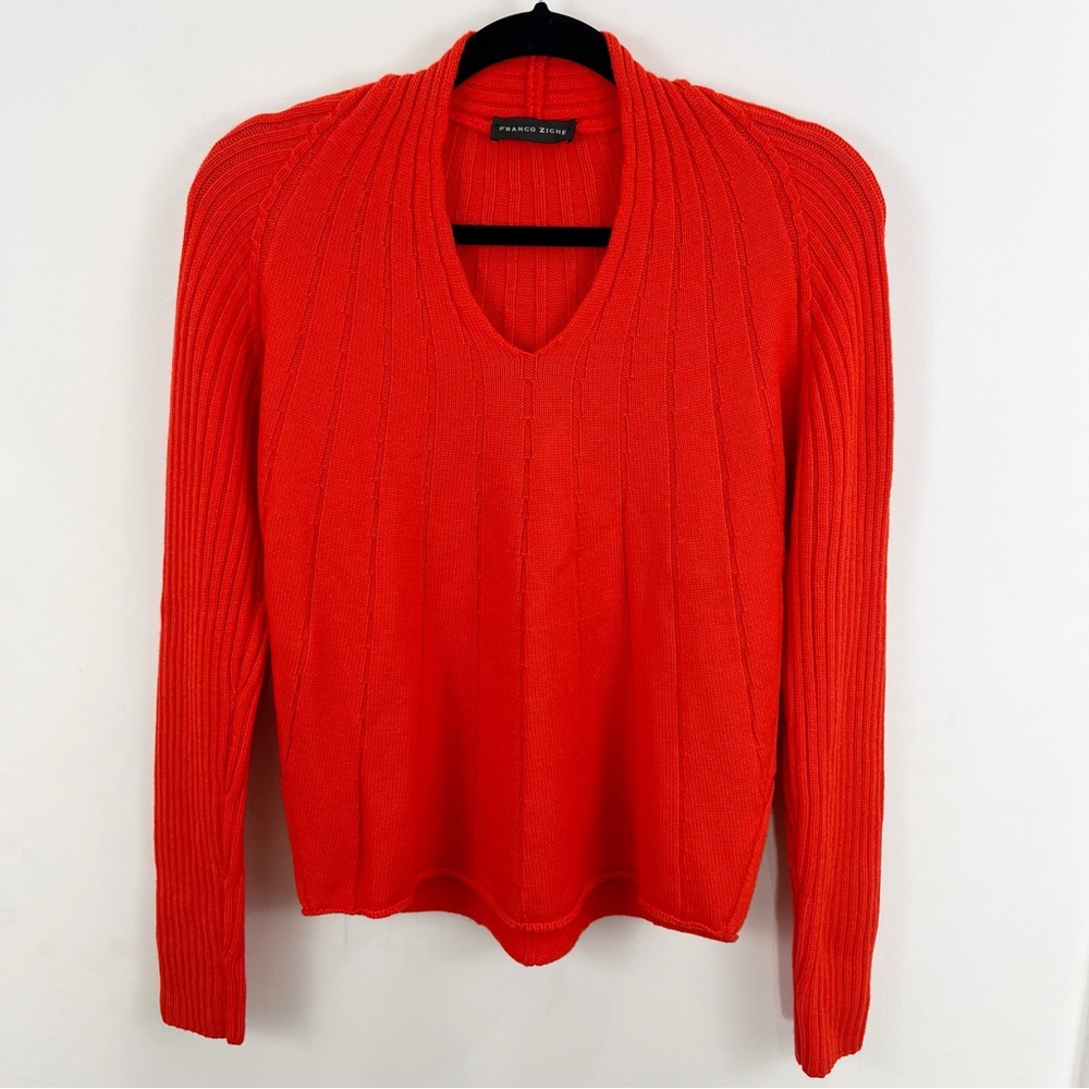 Franco Ziche Orange V-Neck 100% Wool Pullover Sweater Size 8